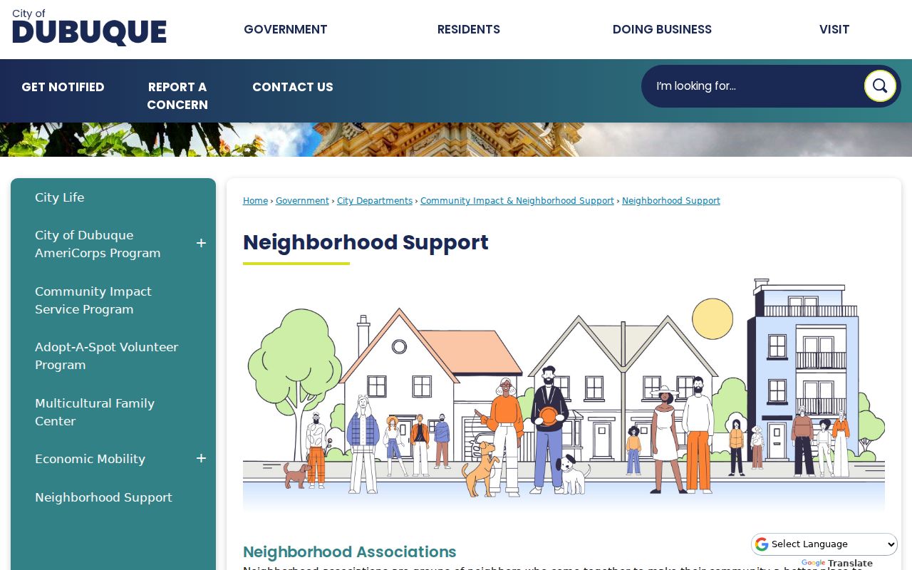 City of Dubuque Neighborhood Support page with association contacts