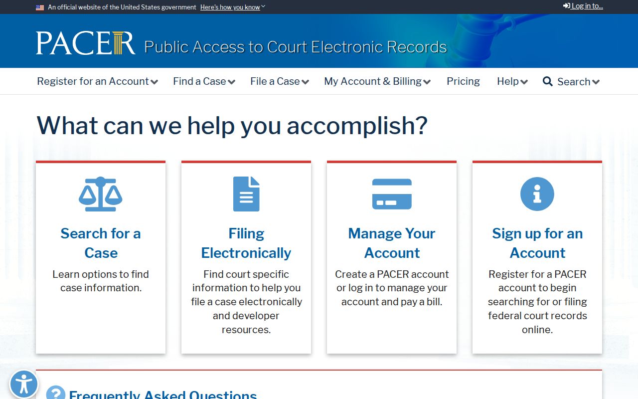 PACER federal court case access page for checking a Dubuque resident name