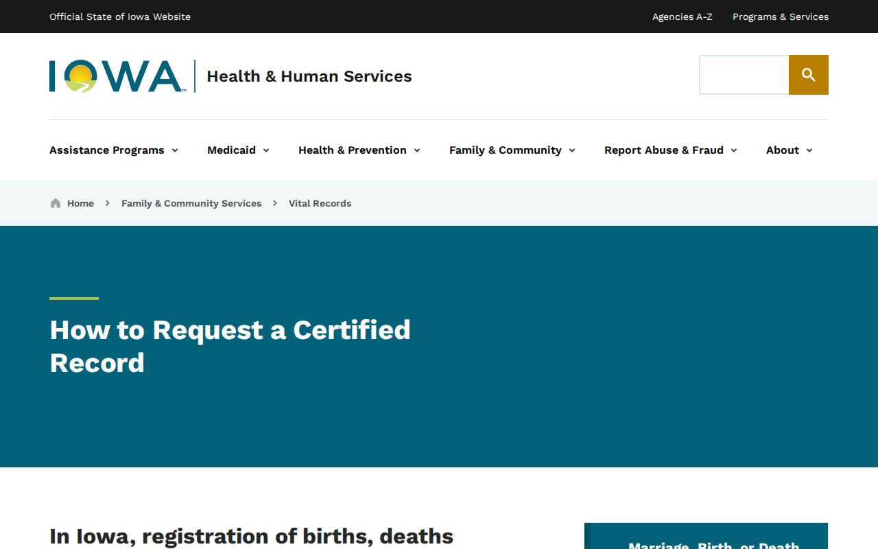 Iowa HHS certified vital record request instructions for a Dubuque resident lookup