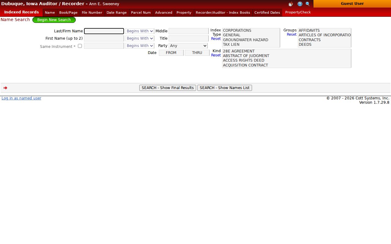 Dubuque County Recorder deed name index search screen